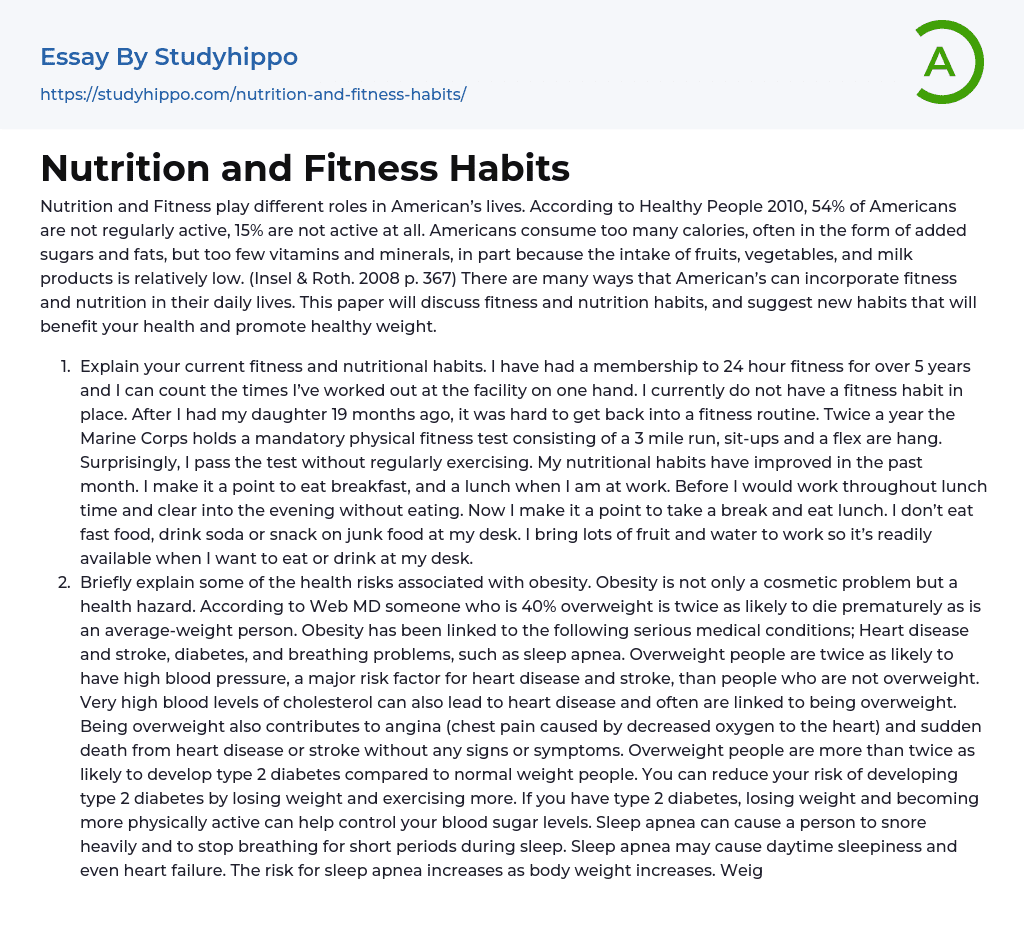 Nutrition and Fitness Habits Essay Example