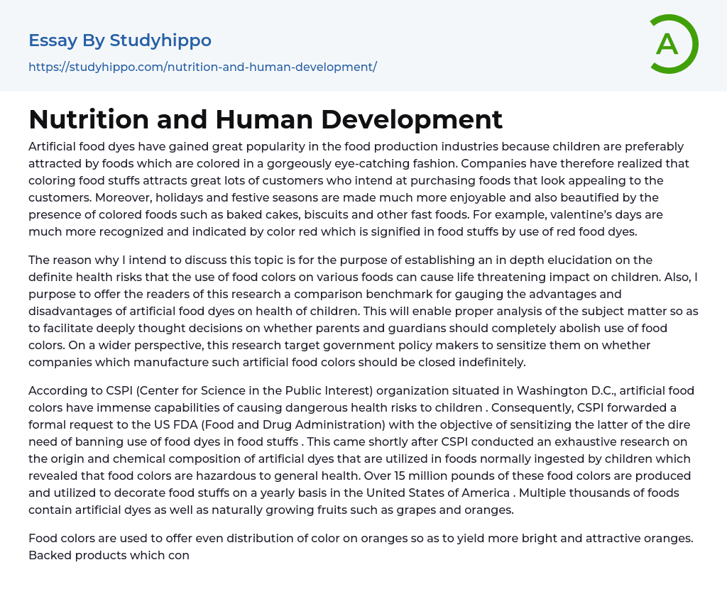 Nutrition and Human Development Essay Example