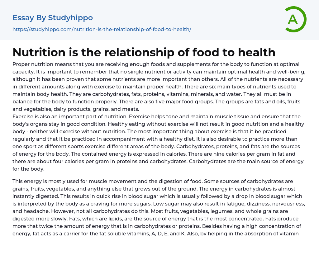 Nutrition is the relationship of food to health Essay Example