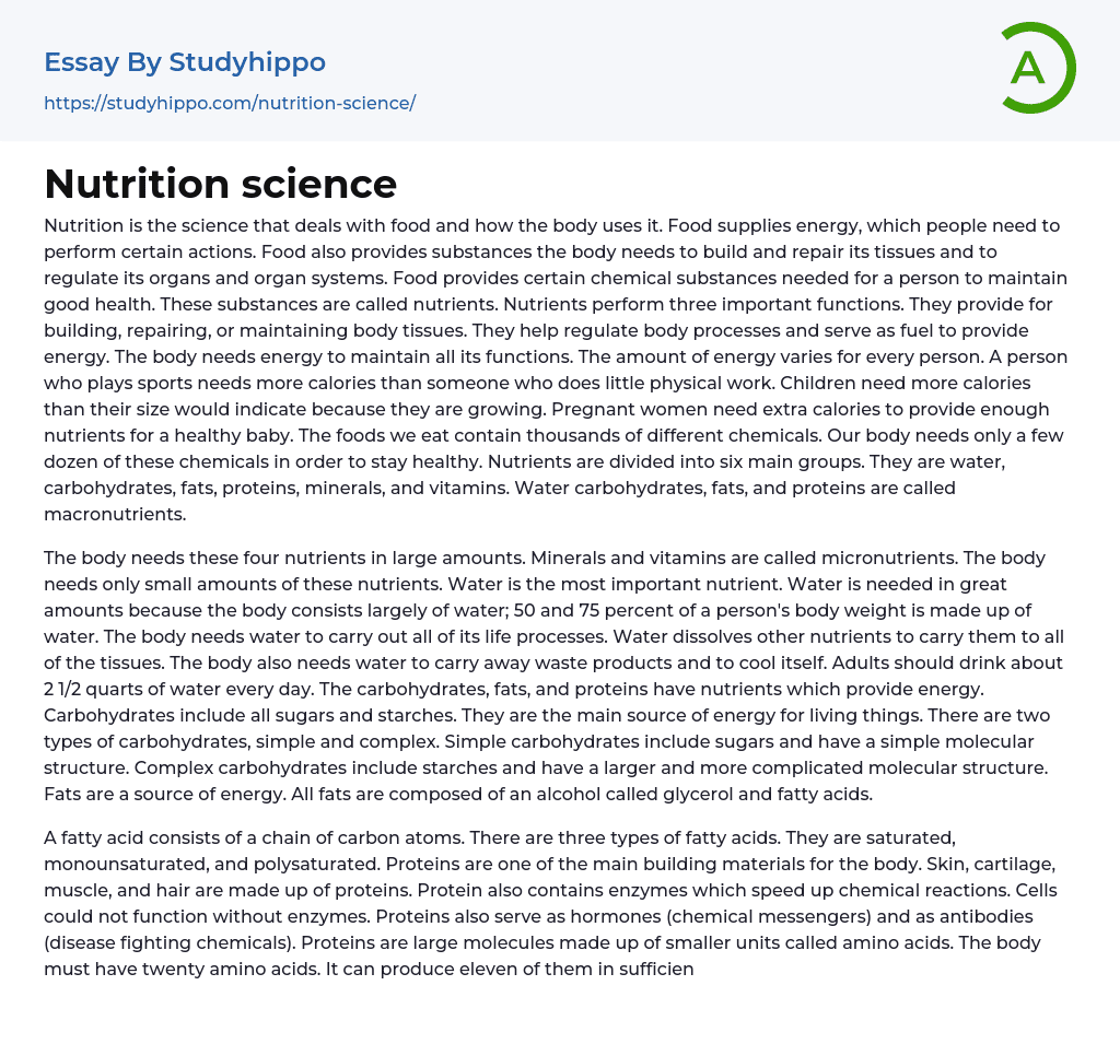 Nutrition science Essay Example