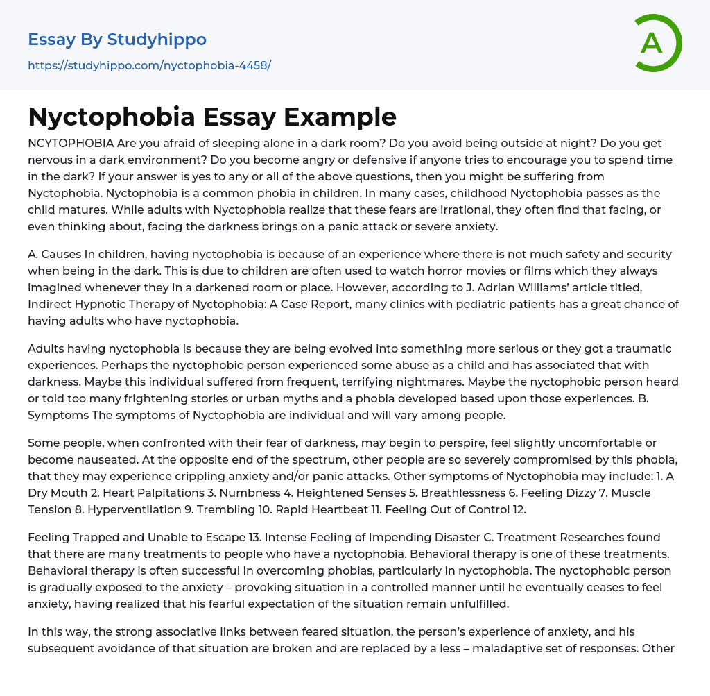 Nyctophobia Essay Example