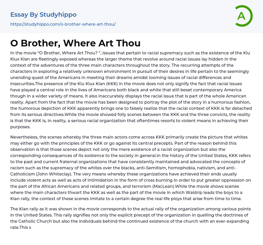 O Brother, Where Art Thou Essay Example