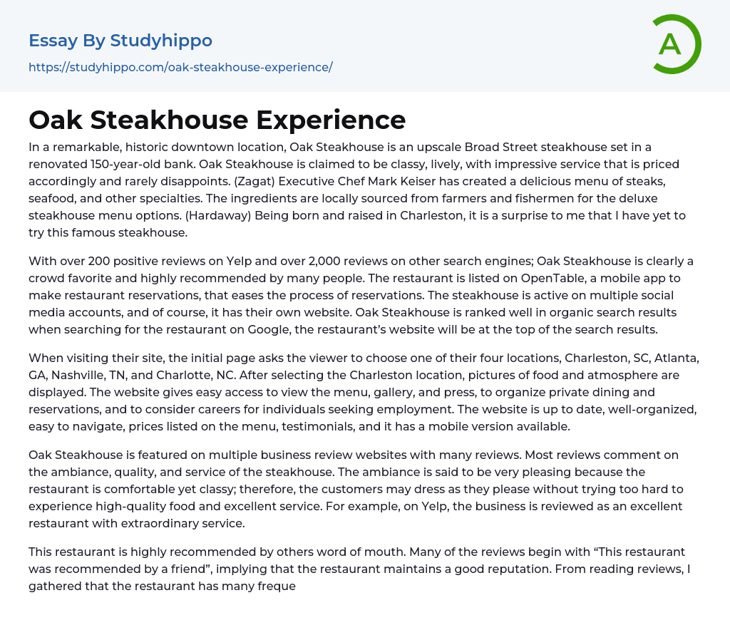 Oak Steakhouse Experience Essay Example