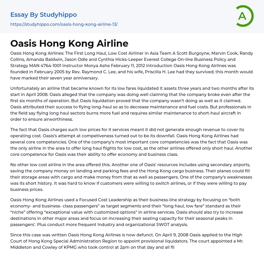 Oasis Hong Kong Airline Essay Example