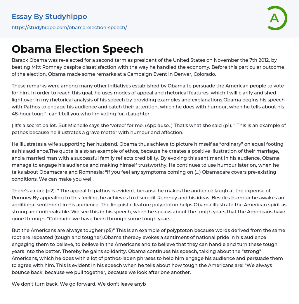 Obama Election Speech Essay Example