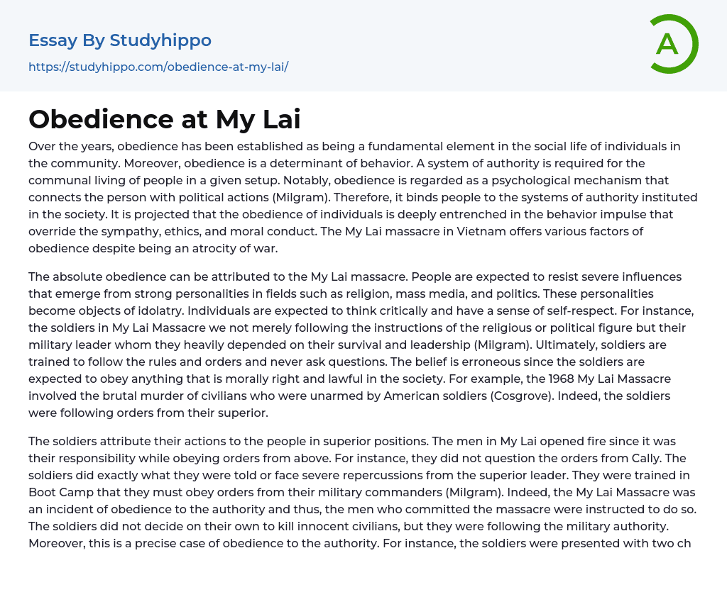 Obedience at My Lai Essay Example