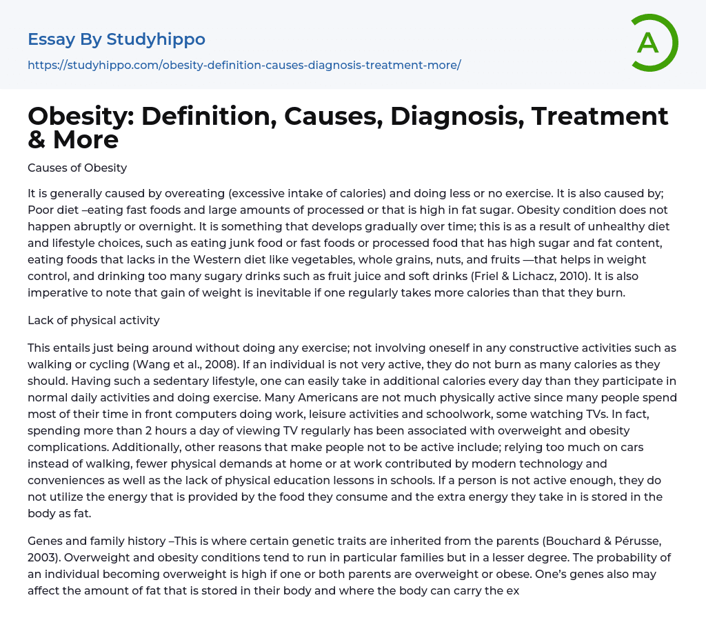 Obesity: Definition, Causes, Diagnosis, Treatment & More Essay Example