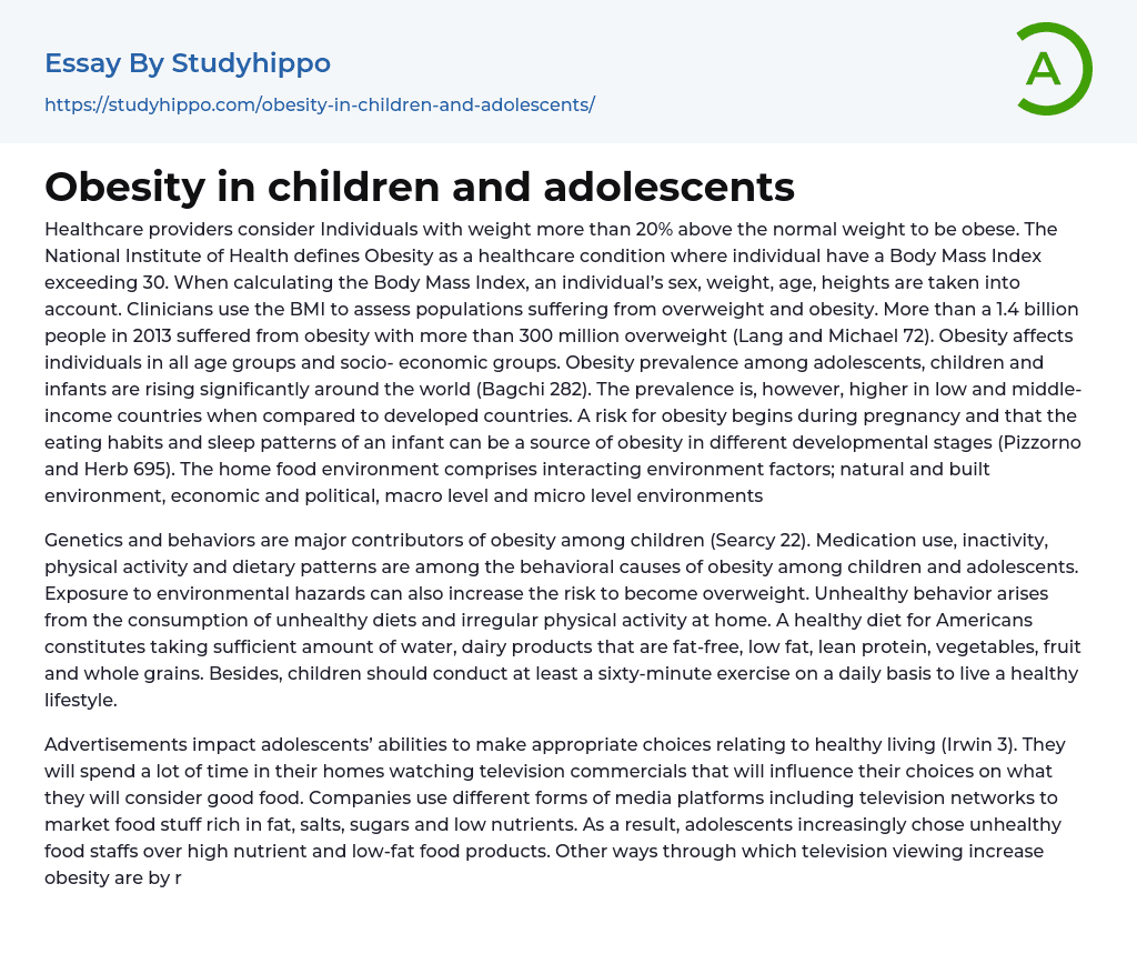 Obesity in children and adolescents Essay Example