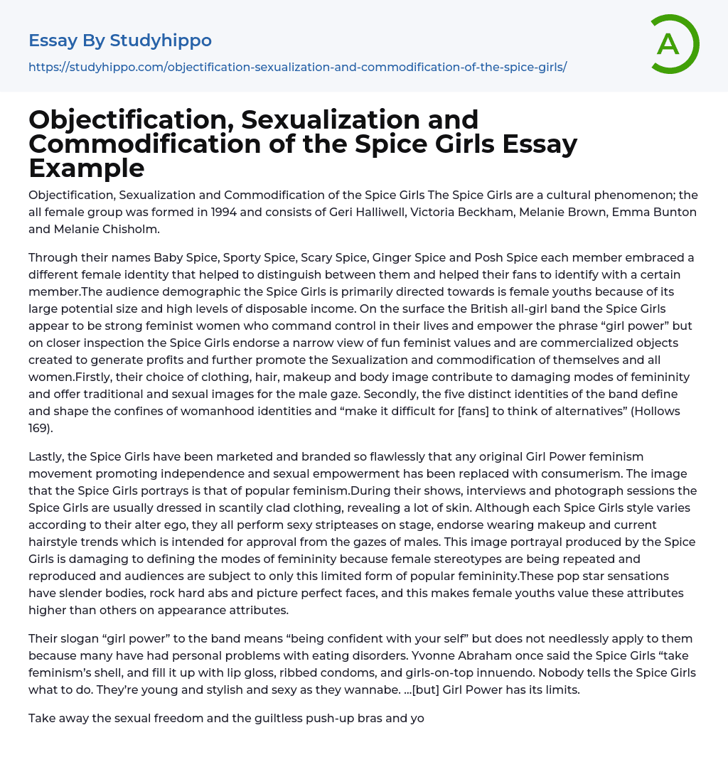 Objectification, Sexualization and Commodification of the Spice Girls Essay Example