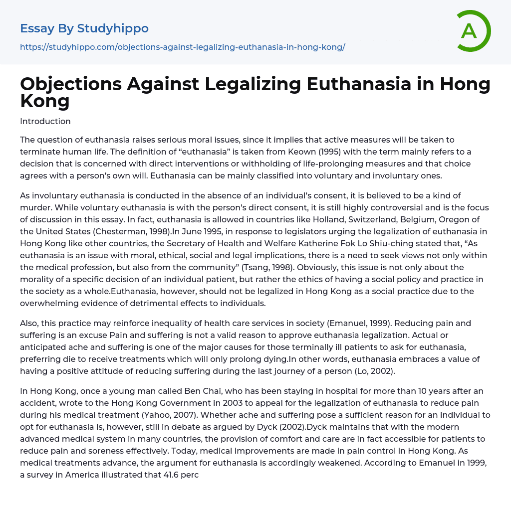Objections Against Legalizing Euthanasia in Hong Kong Essay Example