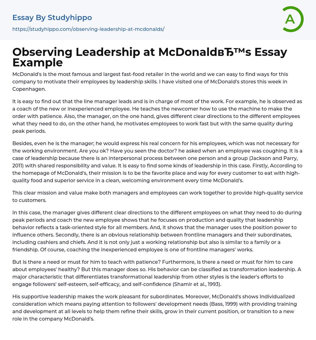 Observing Leadership at McDonald’s Essay Example