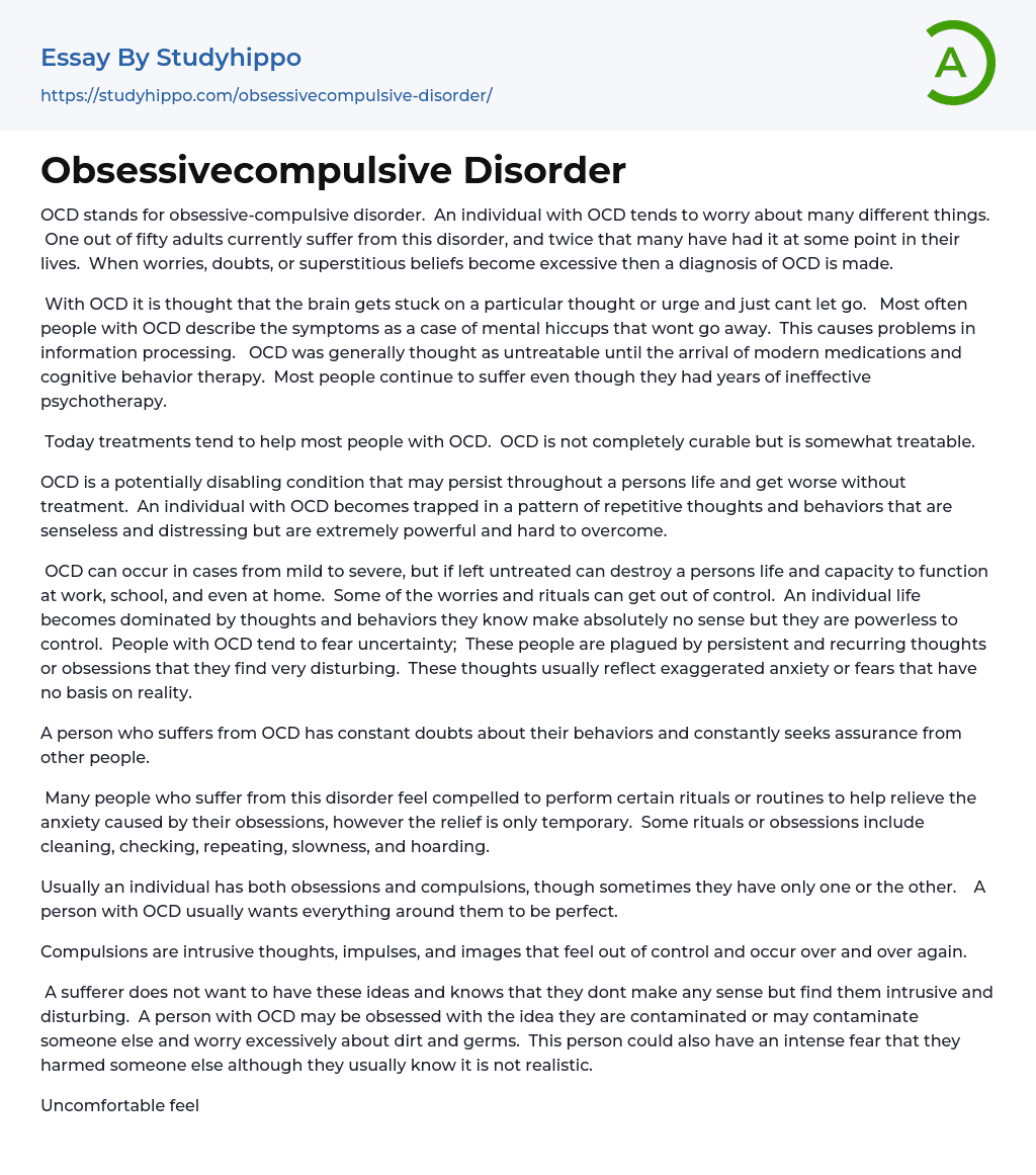 Obsessivecompulsive Disorder Essay Example