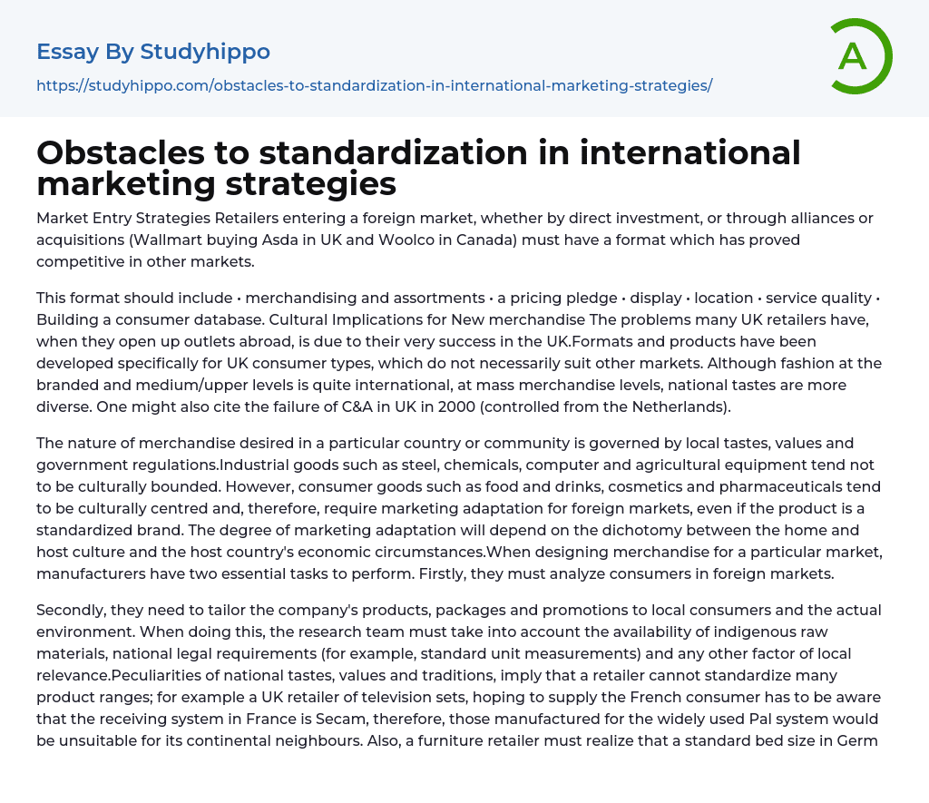 Obstacles to standardization in international marketing strategies Essay Example