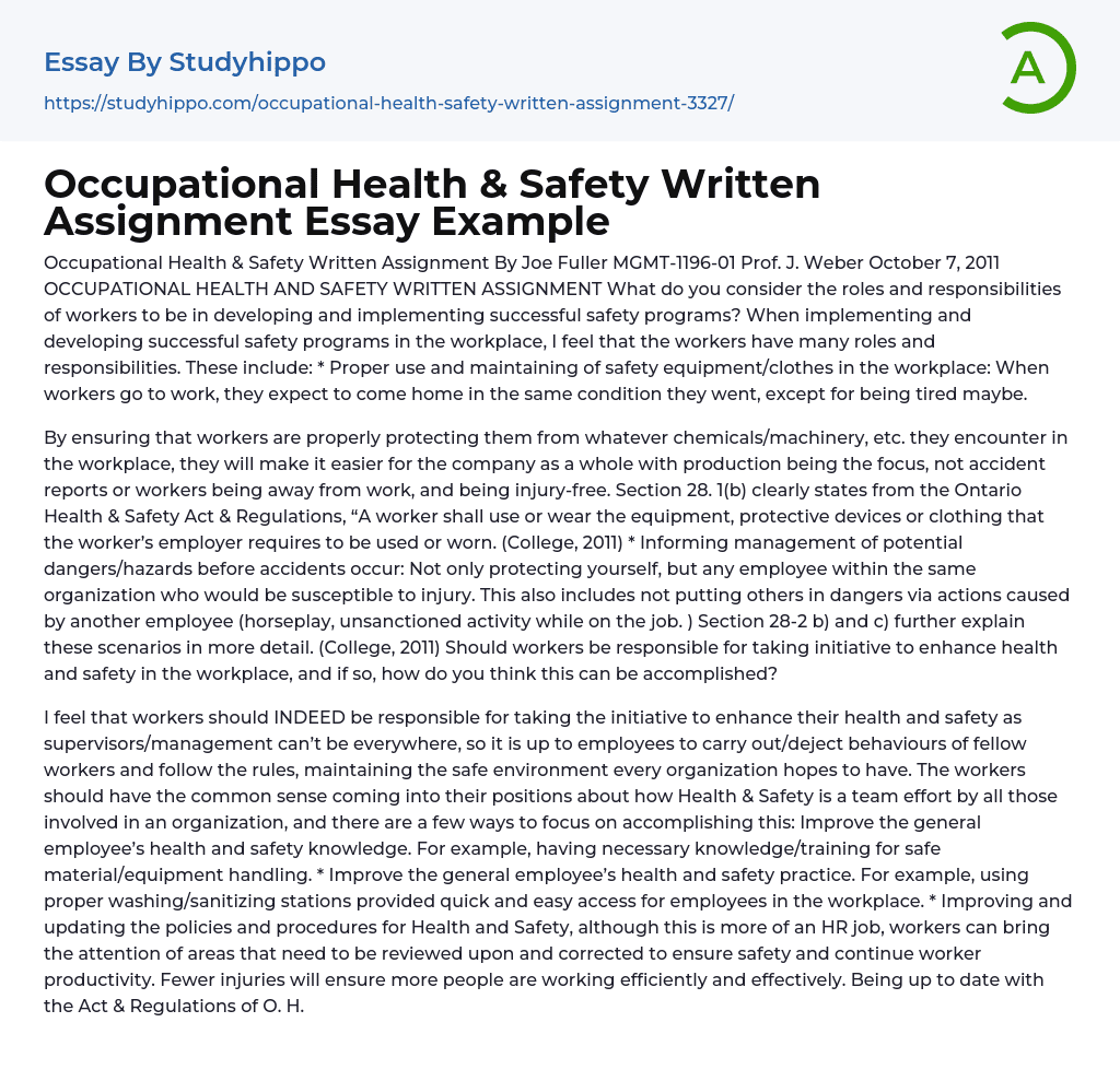 Occupational Health & Safety Written Assignment Essay Example