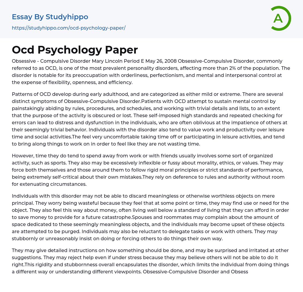 Ocd Psychology: Obsessive Compulsive Disorder Essay Example