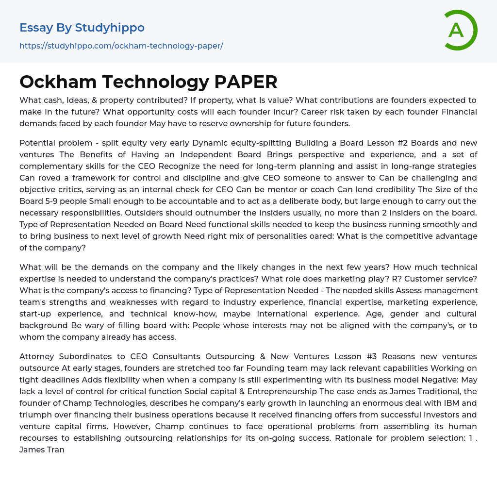 Ockham Technology PAPER Essay Example