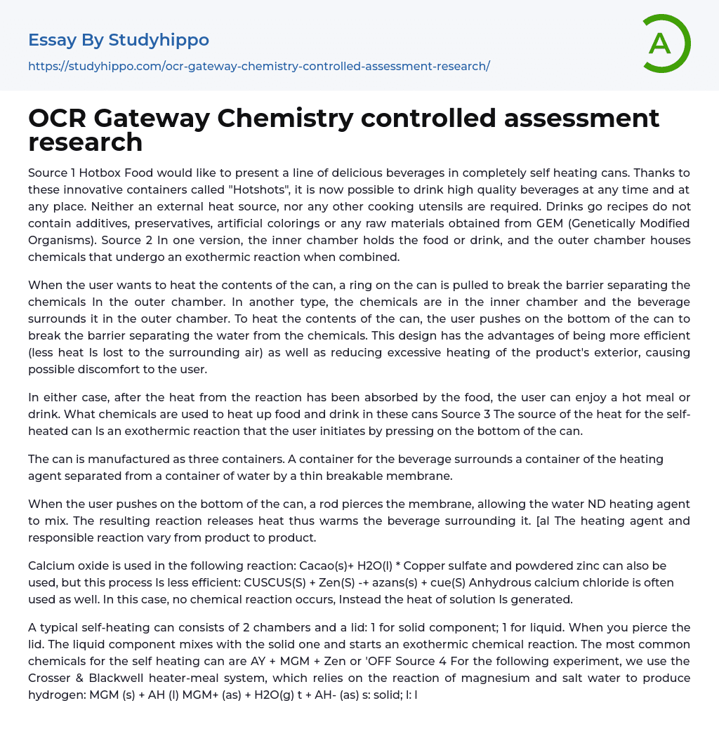 OCR Gateway Chemistry controlled assessment research Essay Example