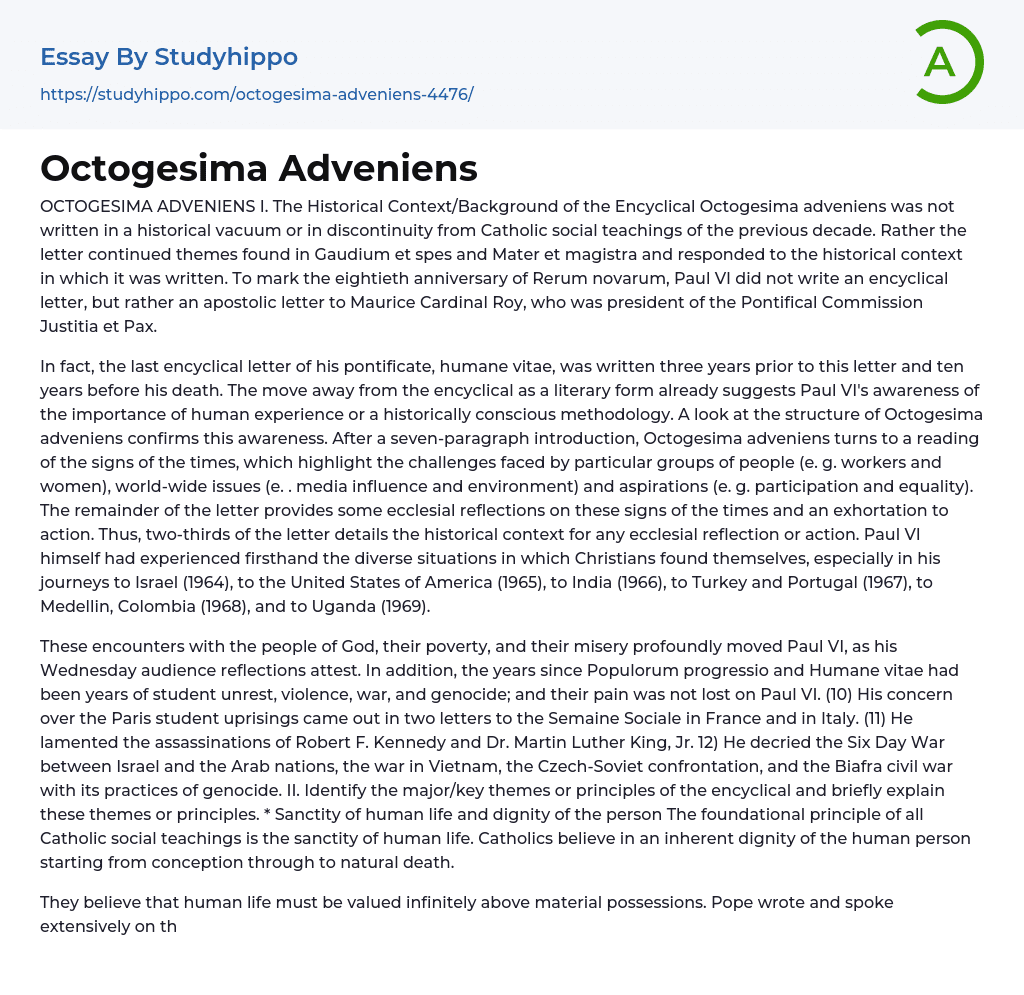 Octogesima Adveniens Essay Example