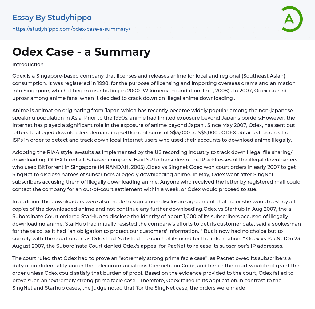 Odex Case – a Summary Essay Example