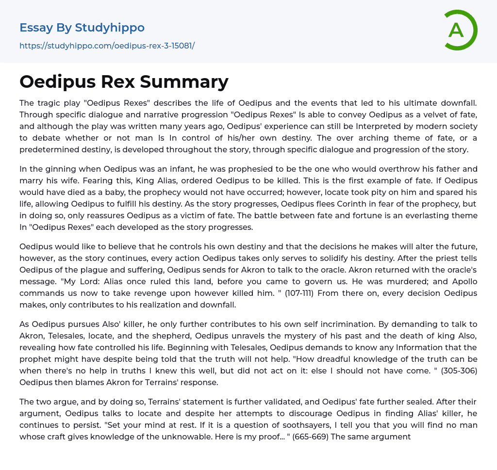 Oedipus Rex Summary Essay Example