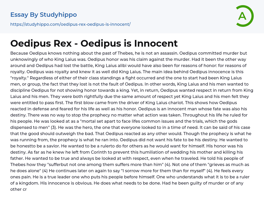 Oedipus Rex – Oedipus is Innocent Essay Example