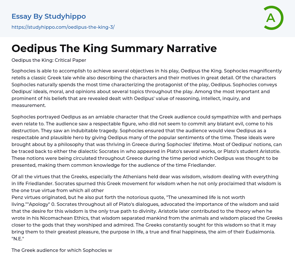 Oedipus The King Summary Narrative Essay Example