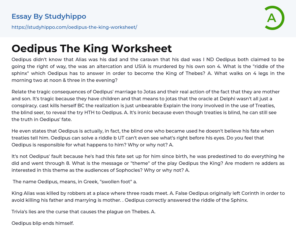 Oedipus The King Worksheet Essay Example