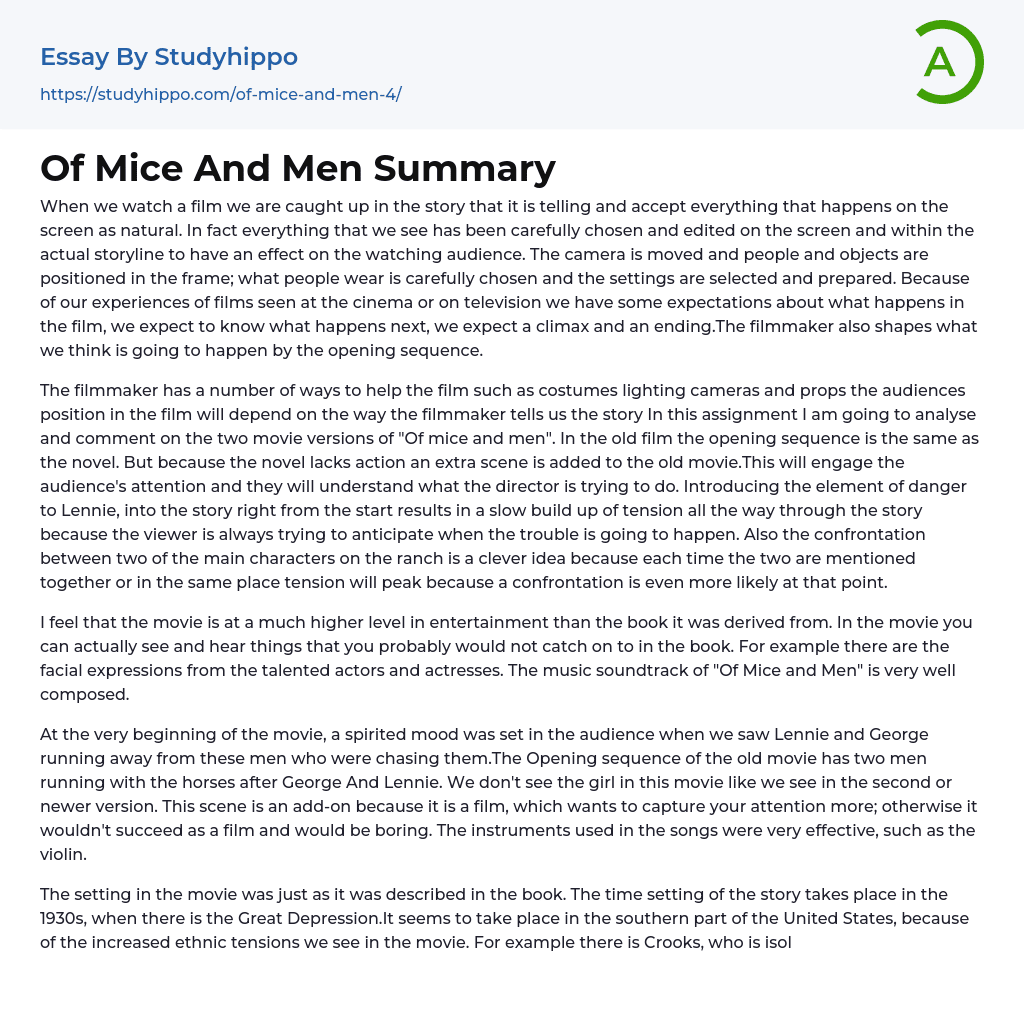 Of Mice And Men Summary Essay Example