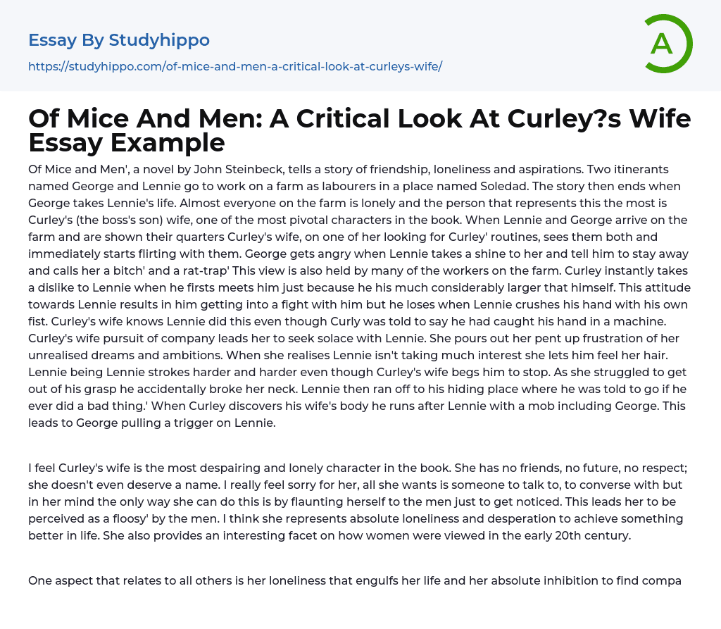 Of Mice And Men: A Critical Look At Curley?s Wife Essay Example