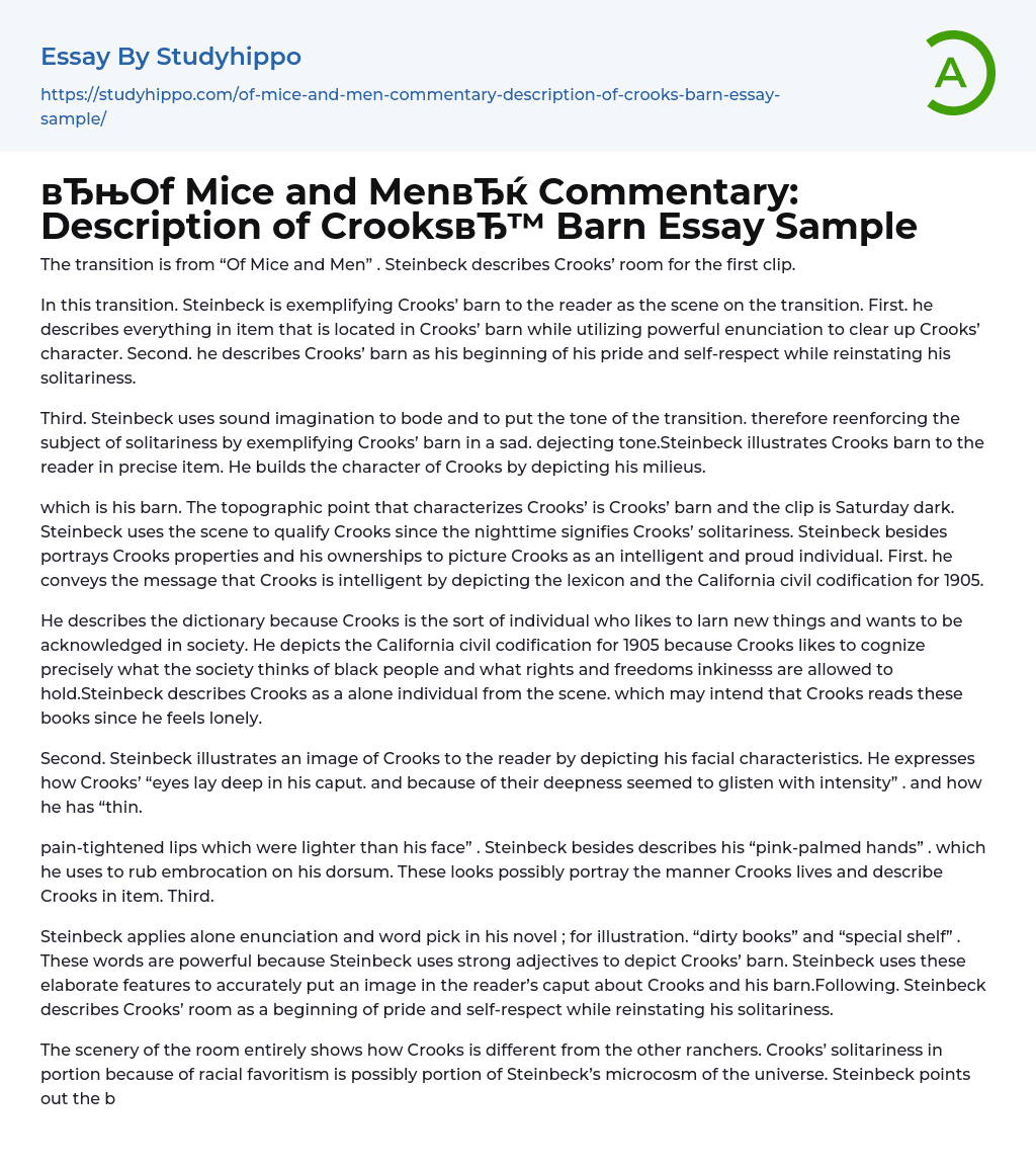 “Of Mice and Men” Commentary: Description of Crooks Barn Essay Sample