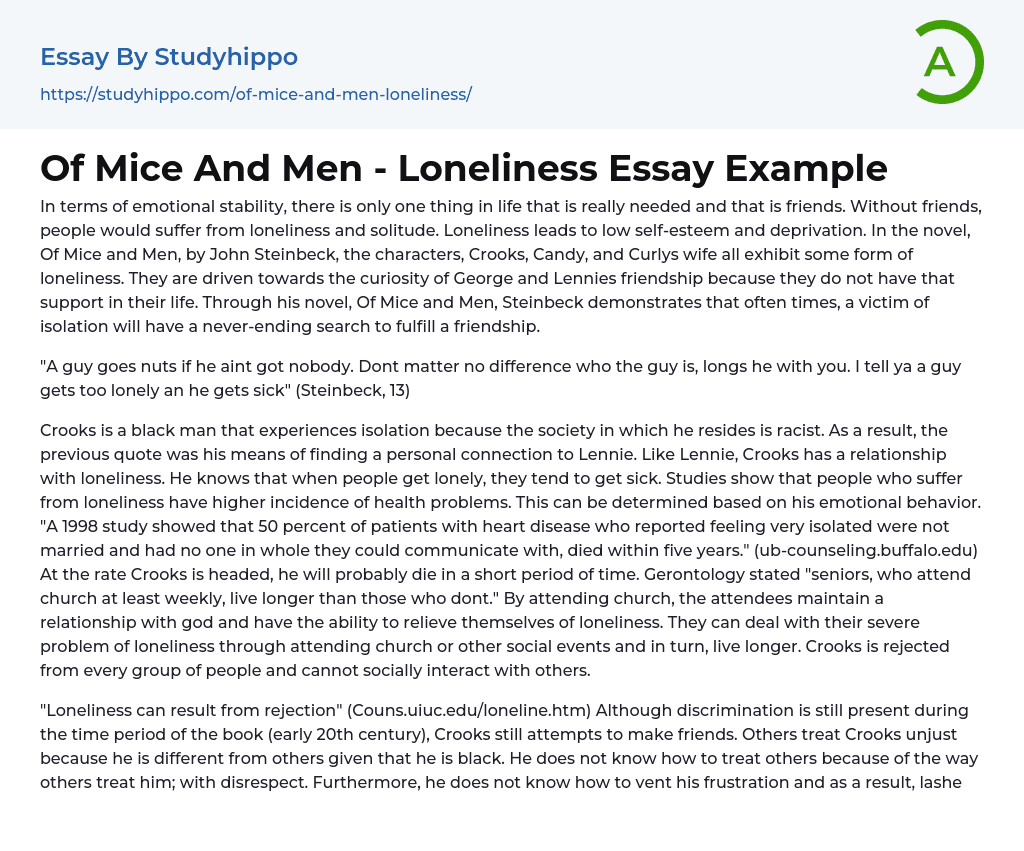 Of Mice And Men – Loneliness Essay Example