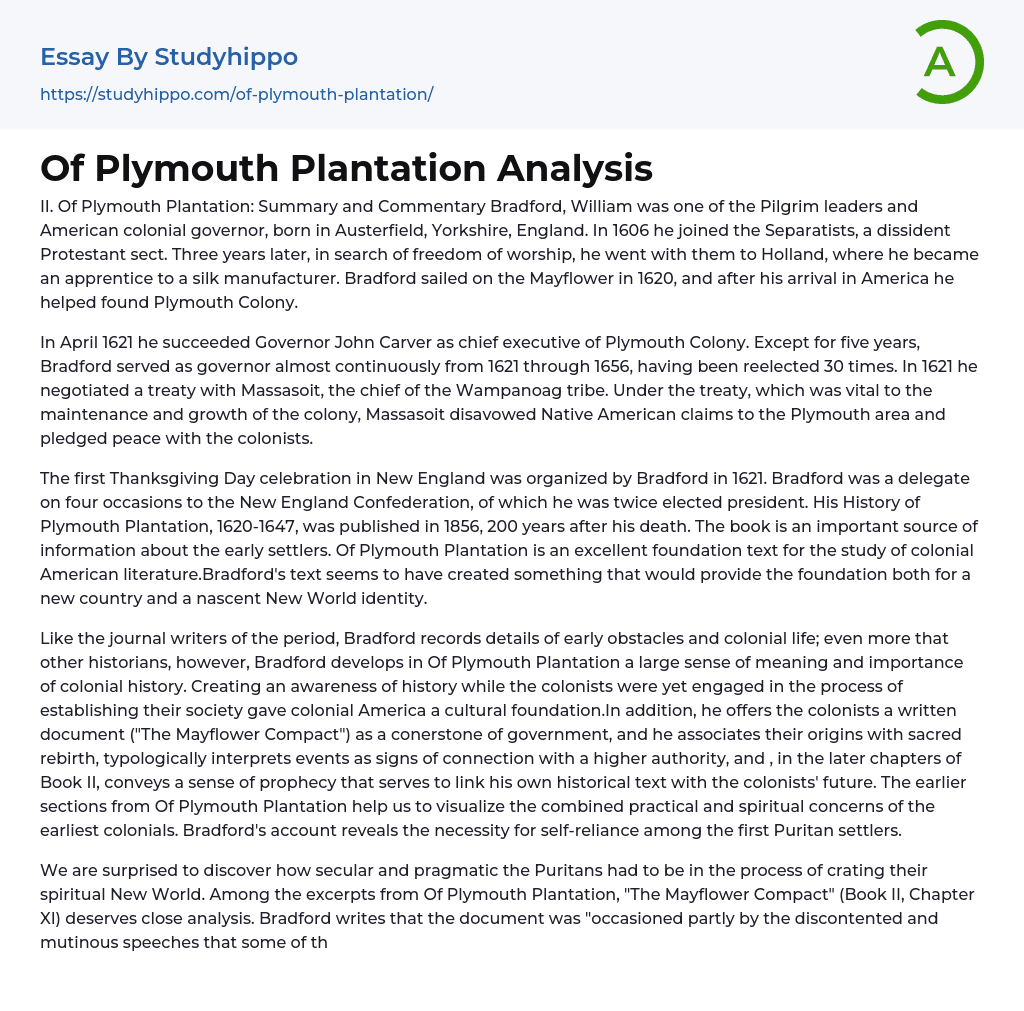Of Plymouth Plantation Analysis Essay Example