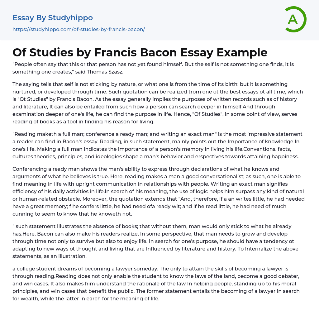 critical analysis of the essay of studies by francis bacon