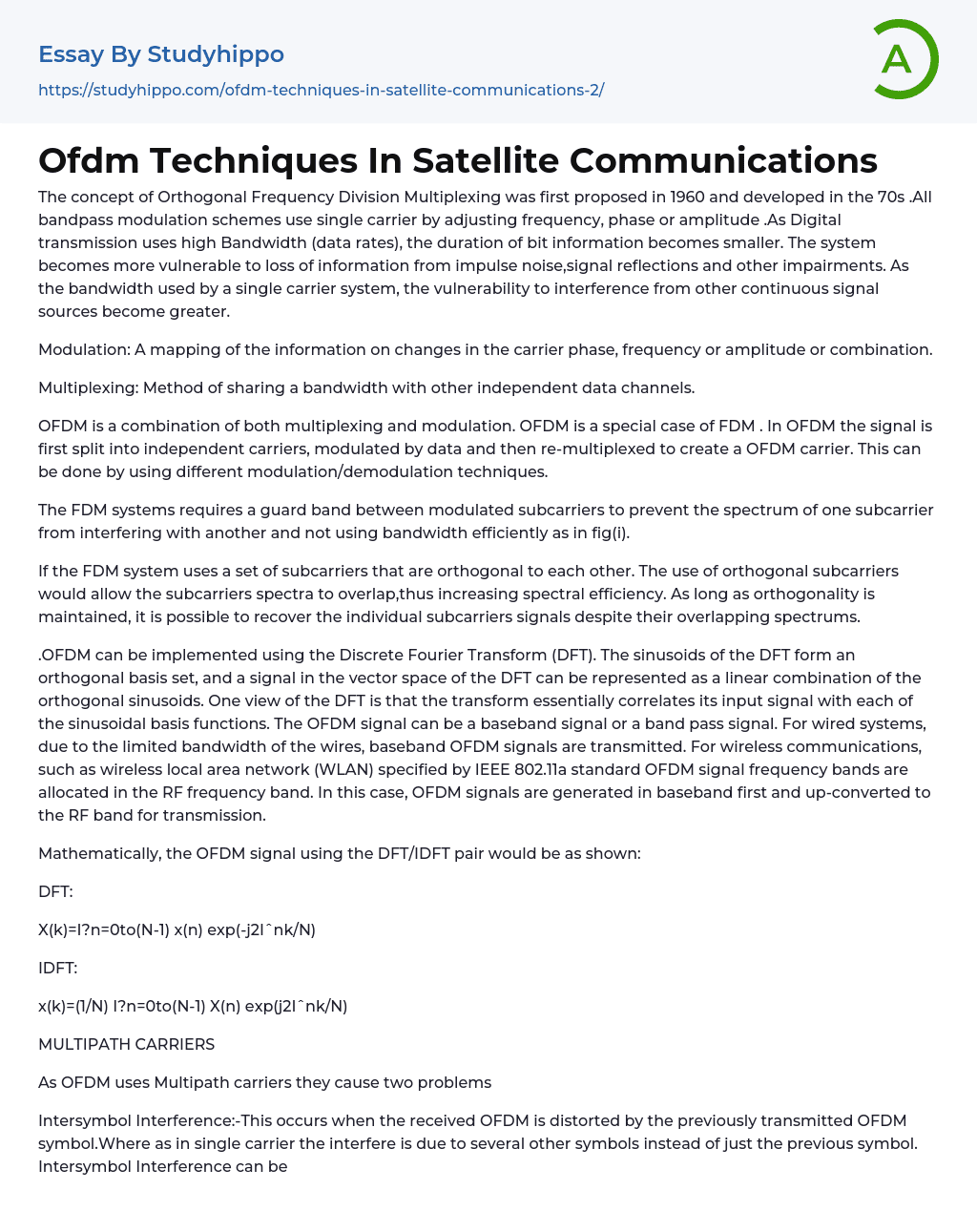 Ofdm Techniques In Satellite Communications Essay Example
