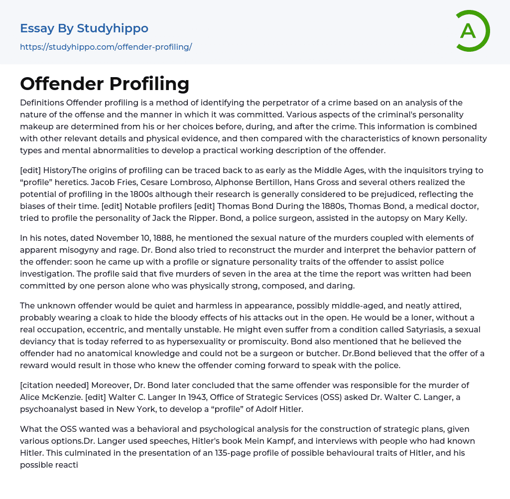 Offender Profiling Essay Example
