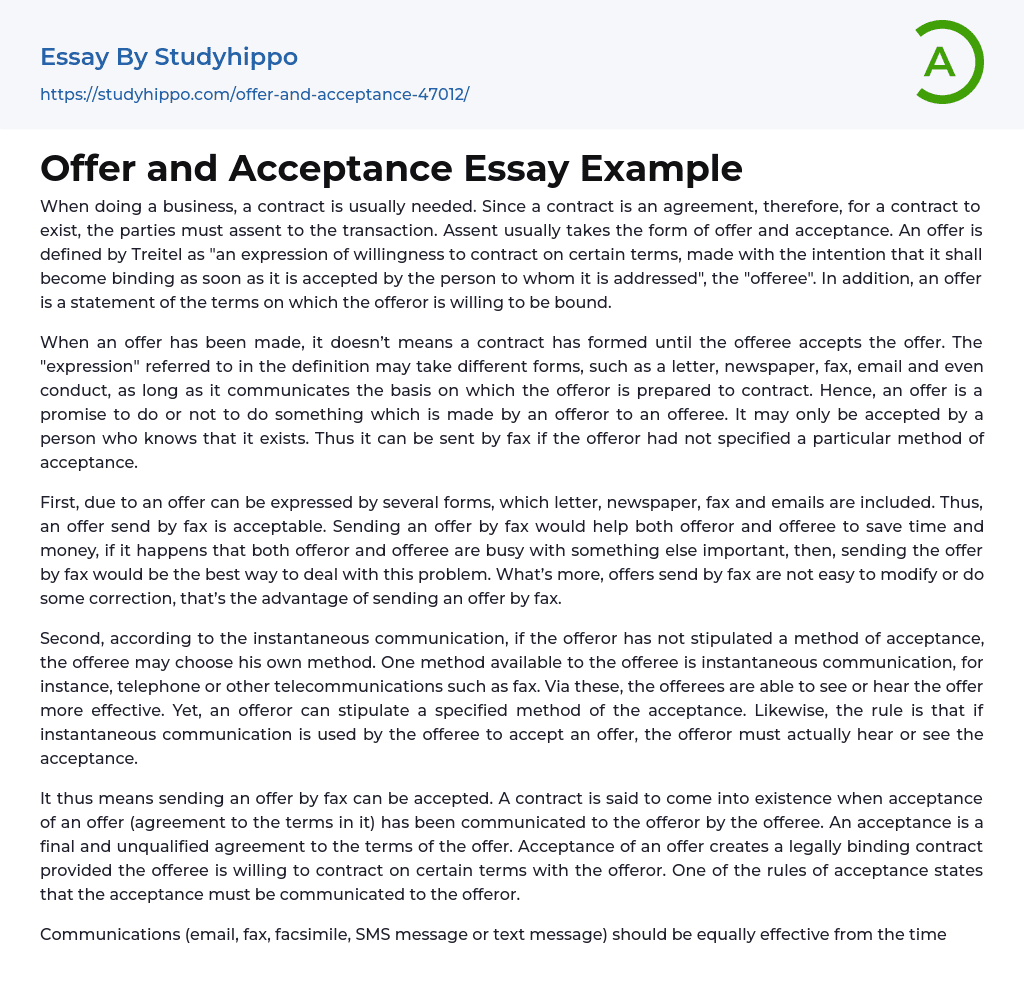 Offer and Acceptance Essay Example