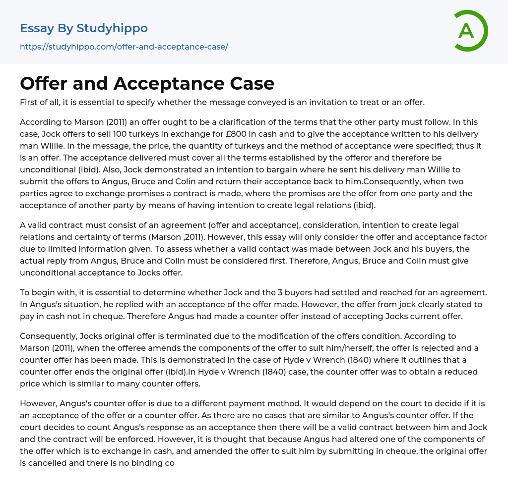 Offer and Acceptance Case Essay Example
