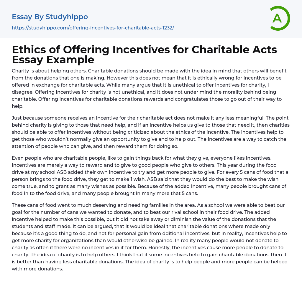 Ethics of Offering Incentives for Charitable Acts Essay Example