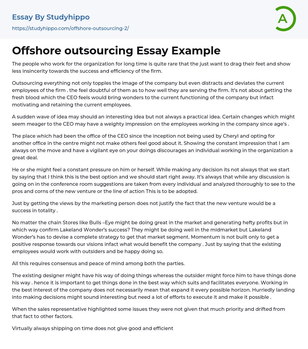 Offshore outsourcing Essay Example