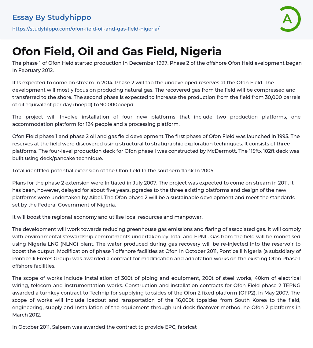 Ofon Field, Oil and Gas Field, Nigeria Essay Example