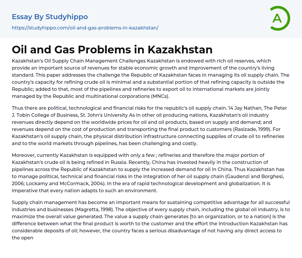 Oil and Gas Problems in Kazakhstan Essay Example
