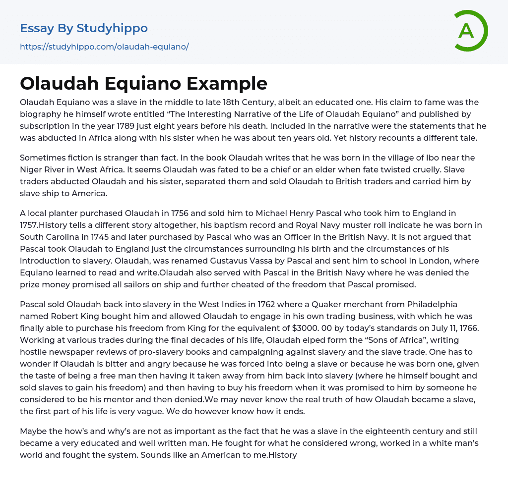 Olaudah Equiano Example Essay Example
