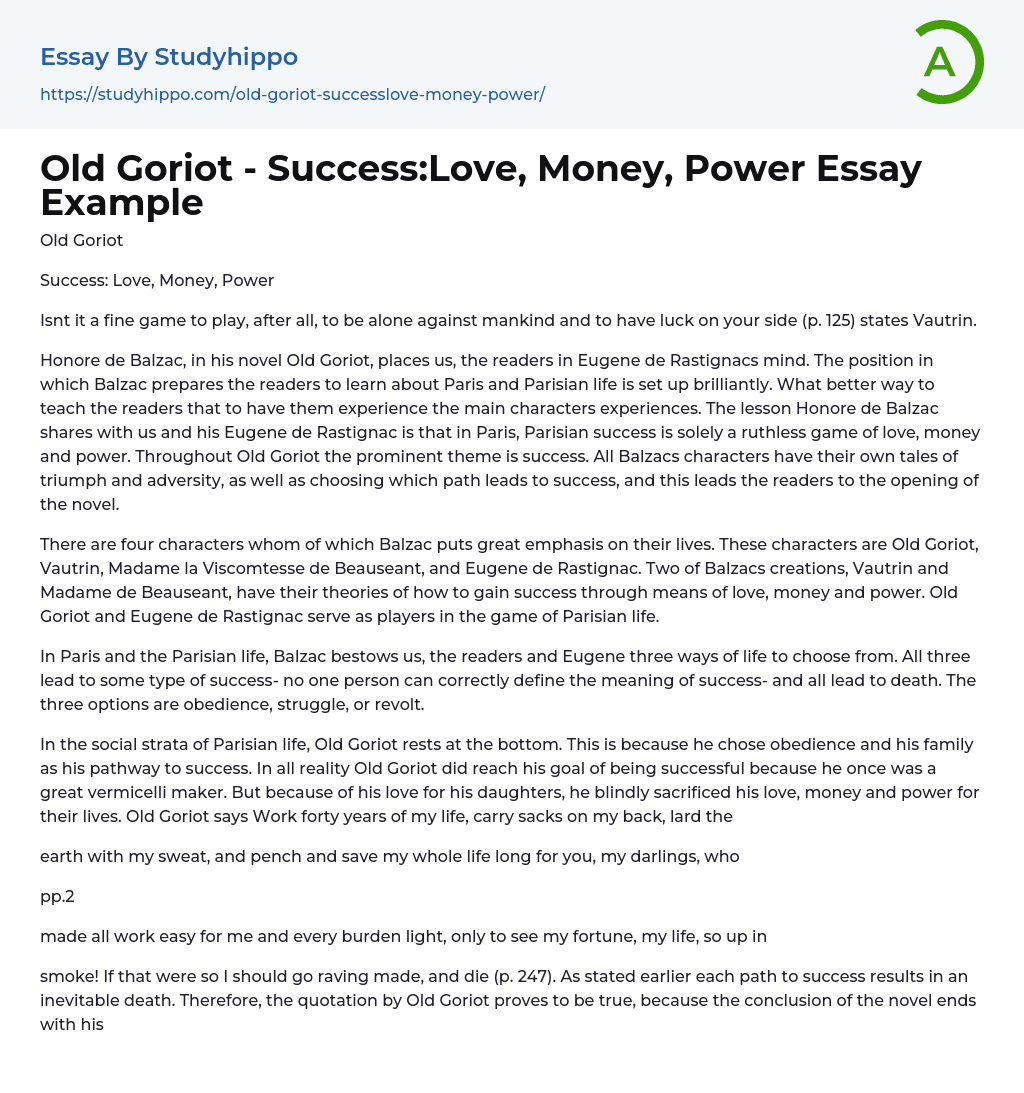 Old Goriot – Success:Love, Money, Power Essay Example