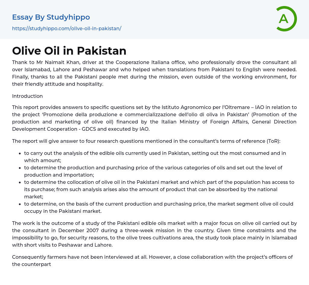 Olive Oil in Pakistan Essay Example