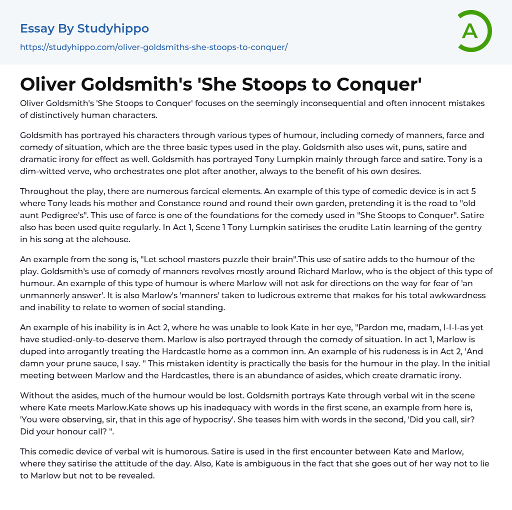 Oliver Goldsmith’s ‘She Stoops to Conquer’ Essay Example