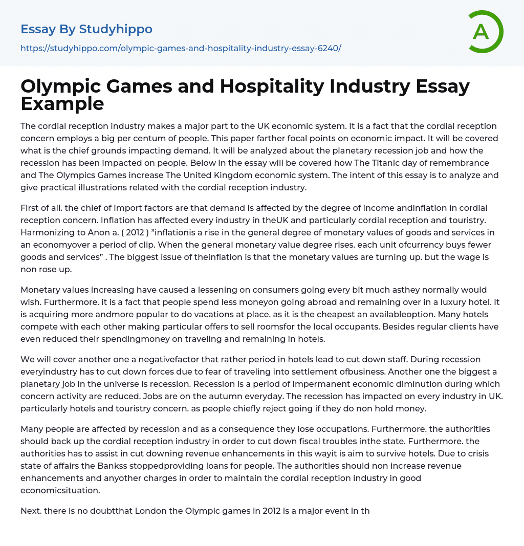 Olympic Games and Hospitality Industry Essay Example