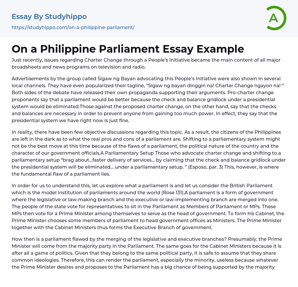 On a Philippine Parliament Essay Example