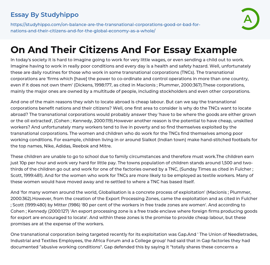 On And Their Citizens And For Essay Example