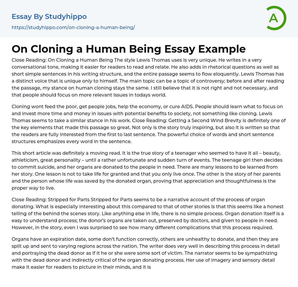 On Cloning a Human Being Essay Example