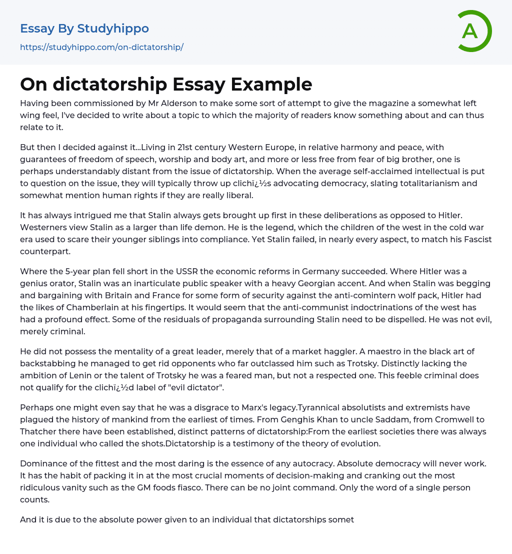 On dictatorship Essay Example